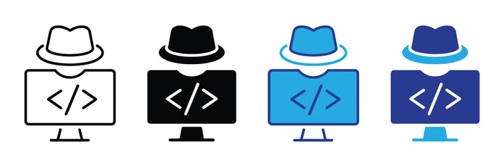 Cybersecurity hacker icon with code symbol on monitor, representing online privacy, digital threat, and programming expertise on white background.