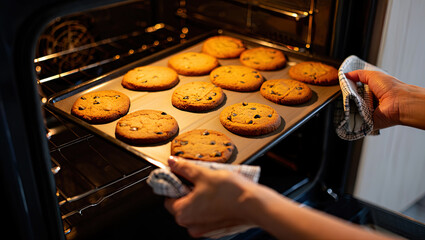 A baking sheet containing golden-brown pastries is removed from the oven, evoking the appetite and anticipation of freshly baked goods.