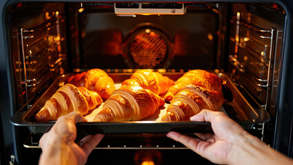 A baking sheet containing golden-brown pastries is removed from the oven, evoking the appetite and anticipation of freshly baked goods.