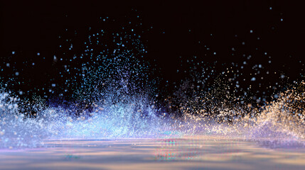 Abstract explosion of glittering particles in blue and gold light