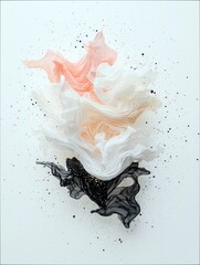 Abstract arrangement of layered, flowing fabric in pastel pink, cream, and black, with scattered dark and gold glitter specks.