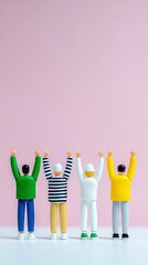 Four stylized figures stand in a row with their arms raised, representing diversity and unity.