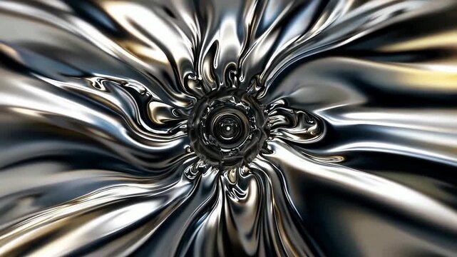 Close-up of a metallic, reflective surface with swirling patterns and a central circular element creating an abstract visual effect