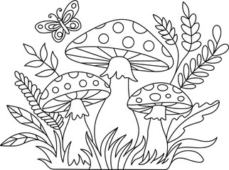 Whimsical black and white illustration of three spotted mushrooms and a butterfly fungi toadstools