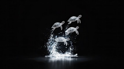 Four stylized turtles ascend from a burst of white water and spray against a dark background, suggesting movement and emergence.