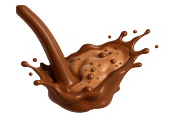 Pouring liquid chocolate splashing, creating foam and dynamic drops. Delicious fresh cocoa milk beverage