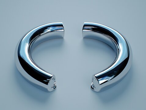 Polished metal arcs face each other, reflecting light on a muted blue surface