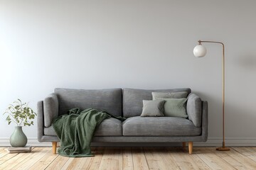 Modern Interior Living Room Featuring Sofa with Pillows Green Throw and Stylish Floor Lamp