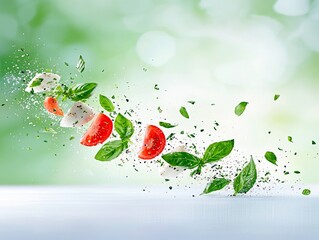 Sliced tomatoes, mozzarella cheese, and basil leaves are suspended in mid-air, with scattered herbs and spices.