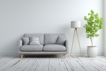 Modern Living Room Interior with White Walls Gray Sofa Wooden Floor and Plant