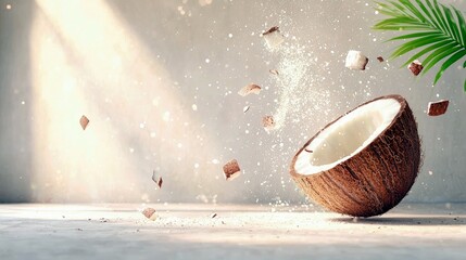 A halved coconut with pieces and powder exploding outwards, set against a soft, sunlit background with a palm leaf.