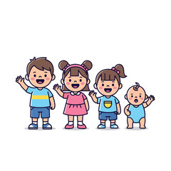 Cartoon illustration of four happy children standing and waving with a clean white background and a cheerful mood.