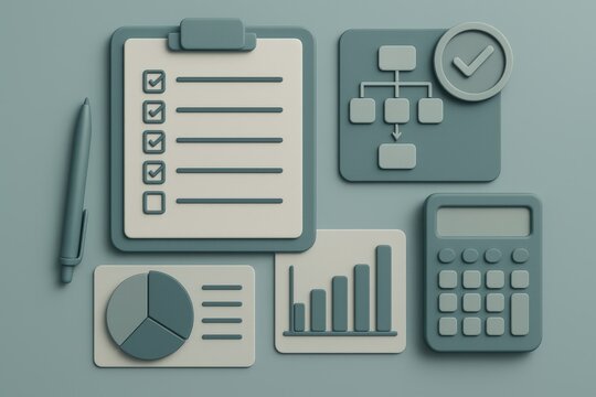 Textured organizational tools for strategic planning featuring checklists, growth charts, and analytical graphics crafted with a minimalist approach enhancing productivity