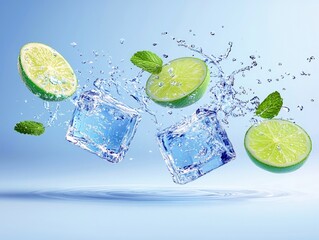 Lime slices, mint leaves, and ice cubes are captured mid-air in a dynamic splash of water, suggesting a refreshing beverage.