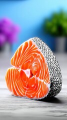 A vibrant, raw salmon steak with visible skin and bright orange flesh is presented on a textured wooden surface.