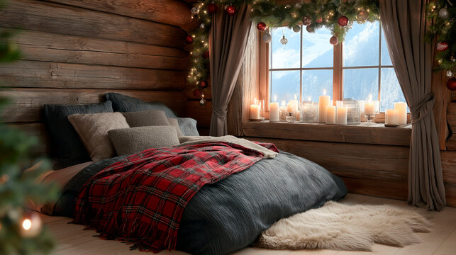 Cozy rustic bedroom in a wooden cabin with festive decor, candles, and mountain view through a large window