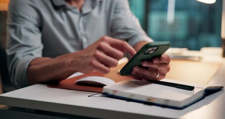 Phone, hands and businessman in office with scrolling, communication or email on mobile app. Cellphone, computer and male person with contact, texting or social media for networking in workplace. - Powered by Adobe