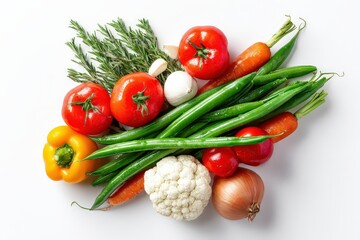 Fresh Vegetables Still Life on White Background Featuring Tomatoes Green Beans Carrots Cauliflower Bell Pepper Garlic and Herbs Top View