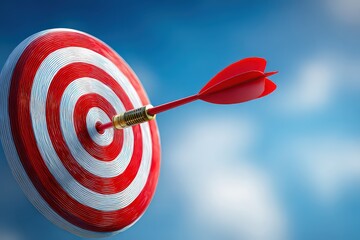Red Dart Hitting Bullseye On Target Against Blue Sky Background