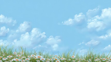 Idyllic Scene of a Field of Daisies Under a Blue Sky with Fluffy Clouds
