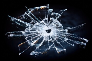 Shattered Glass with Radial Cracks on Black Background Illuminated by Bright Light Creating a Starburst Effect Close Up Shot