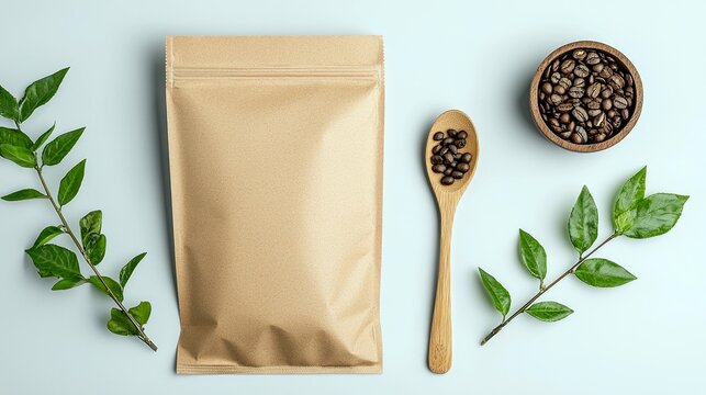 A flat lay composition featuring a brown paper ziplock bag, coffee beans in a wooden bowl and spoon, and green leaves on a light blue background.