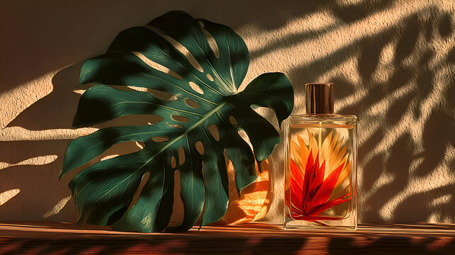 Glass Bottle with Red Flower and Green Leaf in Sunlight