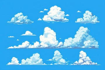 Pixel Art Cloud Set on Blue Sky Background in Illustration