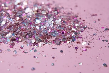 Iridescent Glitter Heap on a Pink Background Sparkling Shimmer Confetti Decorative Craft Material for Celebration and Art Projects