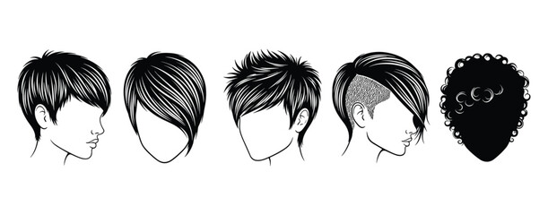 Five black and white line art illustrations of diverse hairstyles on faceless heads