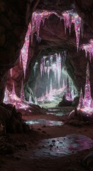 Mysterious crystal cave interior illuminated with ambient lighting and reflections