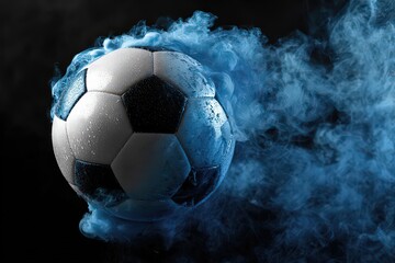 Soccer Ball Surrounded by Blue Powder Explosion on Black Background