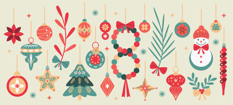 Christmas Baubles, Ornaments, Winter Holiday Decorations Retro Style. Vintage Festive Xmas Decor Balls.