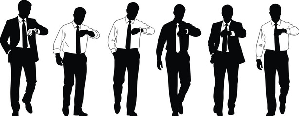 Six black silhouette business men checking watches on white background businessman