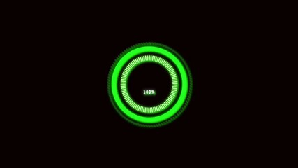 Green Circular Loading Bar Showing uploading 0 to 100% Percent Complete On animation Black. Animated green progress circle fully filled at 100%, uploading indicator, circular progress bar, and motion