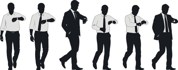 Six male silhouettes in business attire checking watches businessman