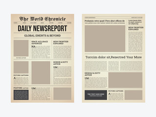 Traditional News Report Template, Retro Press Front Page Design, Daily News Paper Template With Text And Picture Placeholder.