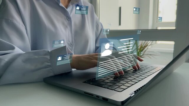 Online technology for simplifying human resources system management.Concept of employment, management HR, technology, business leadership consulting customer for development.	