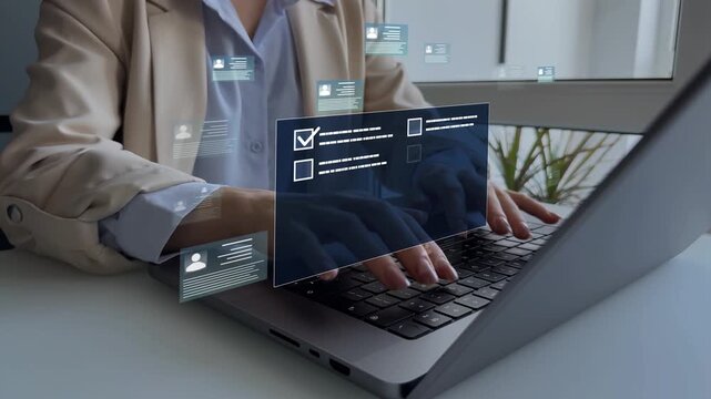 Employees must complete online survey form with answer test questions. Human resources and management employment.Digital questionnaire and business communication concept.	