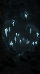 Mysterious figures illuminated in a dark cave environment artistic concept