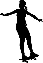 A skateboard woman or girl female skateboarder in silhouette.