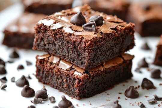 Stacked homemade brownies, topped with chocolate chips, on a white surface - Powered by Adobe
