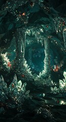 Mysterious gemstone cave interior with sparkling crystals and architectural elements