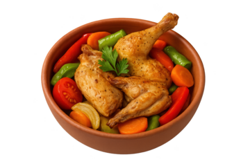 Clay bowl with roasted chicken drumsticks and colorful vegetables