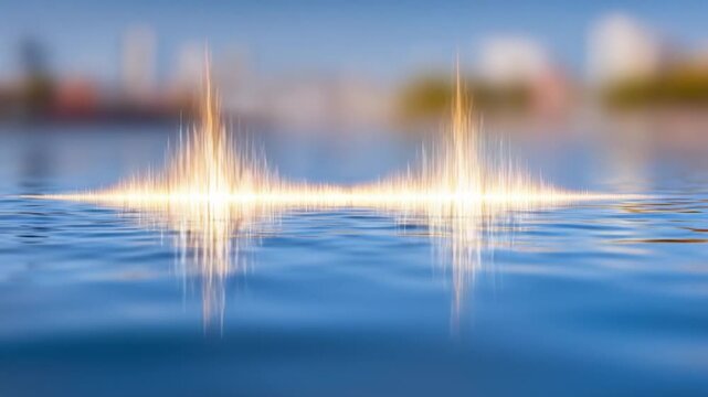 Water Sound Waves: An artistic capture of sound waves emanating from water, with vibrant light and a mesmerizing effect of sound reflection. A vivid portrayal of water elements in the nature 