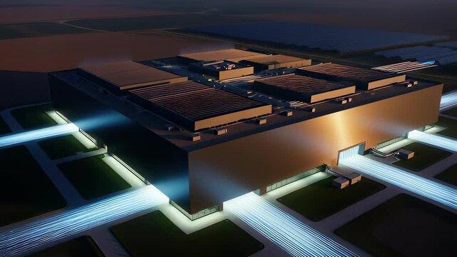 Futuristic data center exterior with glowing fiber optic lines and solar panels in a cinematic 3D animation, illustrating cloud computing infrastructure and digital connectivity.
