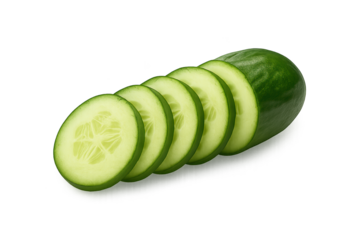 Fresh cucumber sliced into even rounds with whole cucumber on transparent background