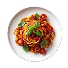 Spaghetti with Tomato Sauce and Fresh Basil on White Plate Isolated on Transparent Background