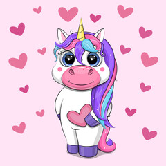 Cute cartoon Unicorn with hearts. Vector illustration of animal on pink background with hearts.