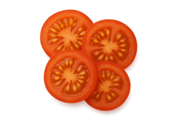 Three overlapping tomato slices reveal juicy red interiors and seed patterns